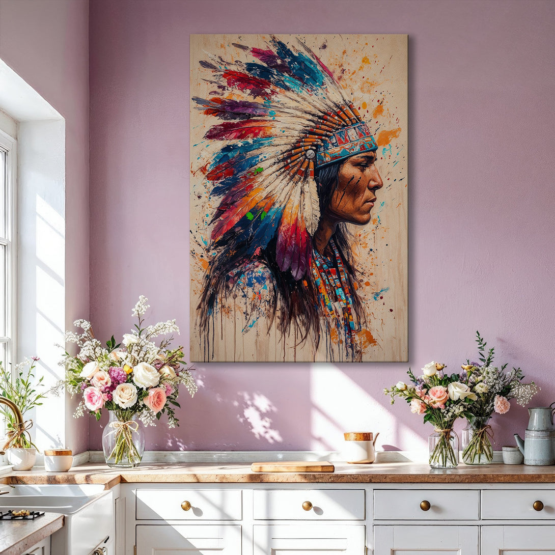 Framed Wall Art: Native American portrait in vibrant colors. Abstract style canvas print with a warm, inviting palette. Perfect for living room decor.