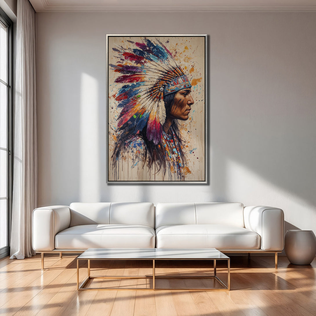 Framed Wall Art of Native American in vibrant colors. Watercolor style Canvas Print adds a pop of color to any space. Shop now!