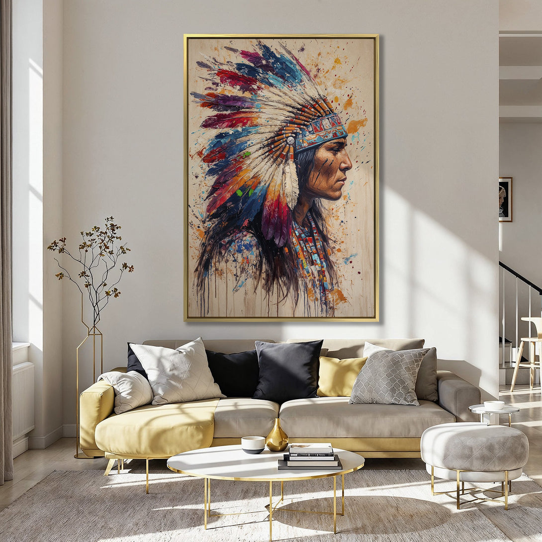 Canvas Print: Native American portrait in vibrant watercolor style, featuring a colorful headdress. Adds a pop of color to any room!