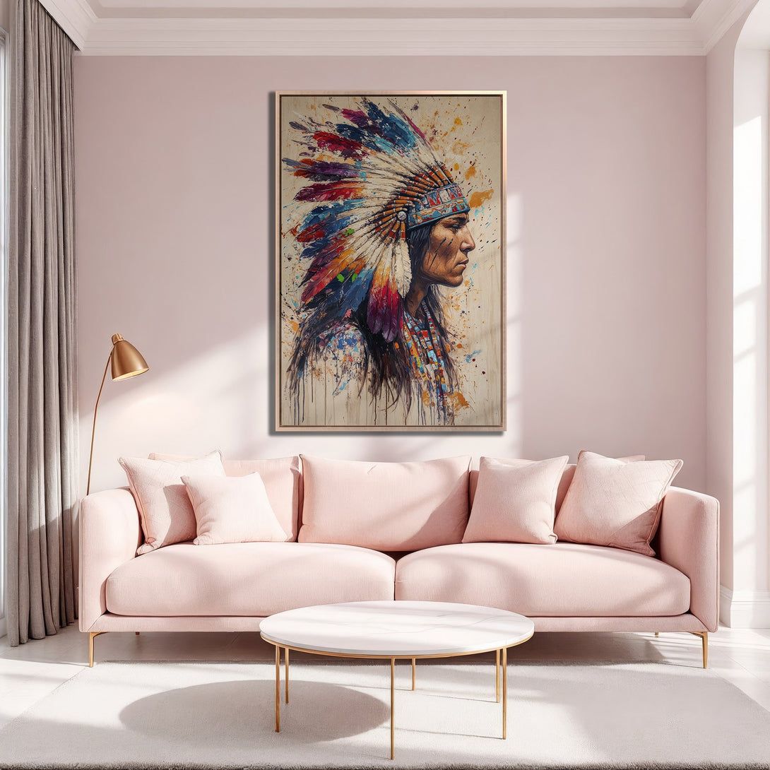 Framed Wall Art featuring a Native American portrait with vibrant colors. Modern art in a pink interior, perfect for adding a pop of color to your space.