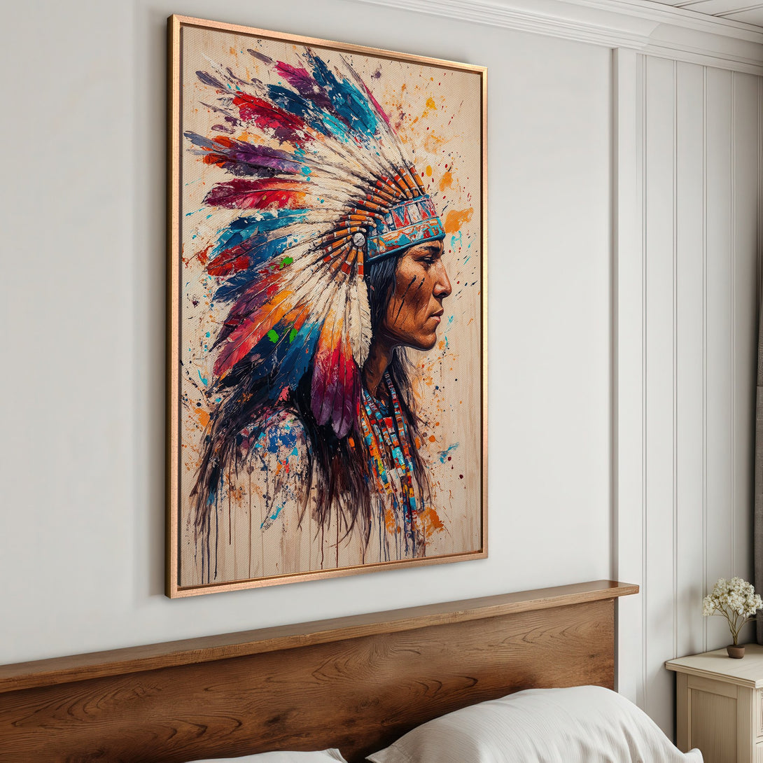 Framed Wall Art: Native American portrait in vibrant watercolor style. Colorful feathers and warm earthy tones create a stunning focal point for any room.