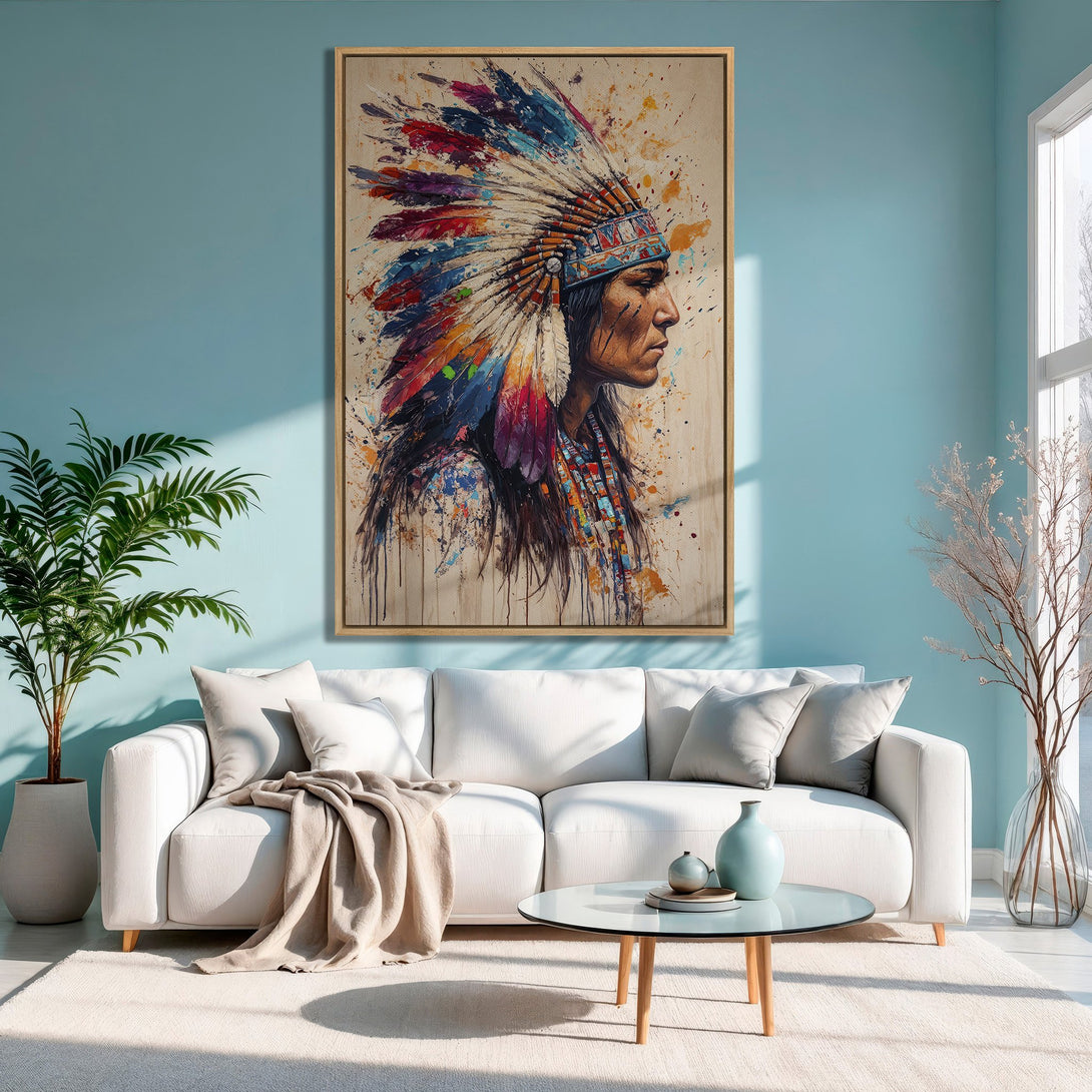 Framed Wall Art: Native American portrait in watercolor style. Colorful feathers and neutral tones create a stunning focal point for any room.