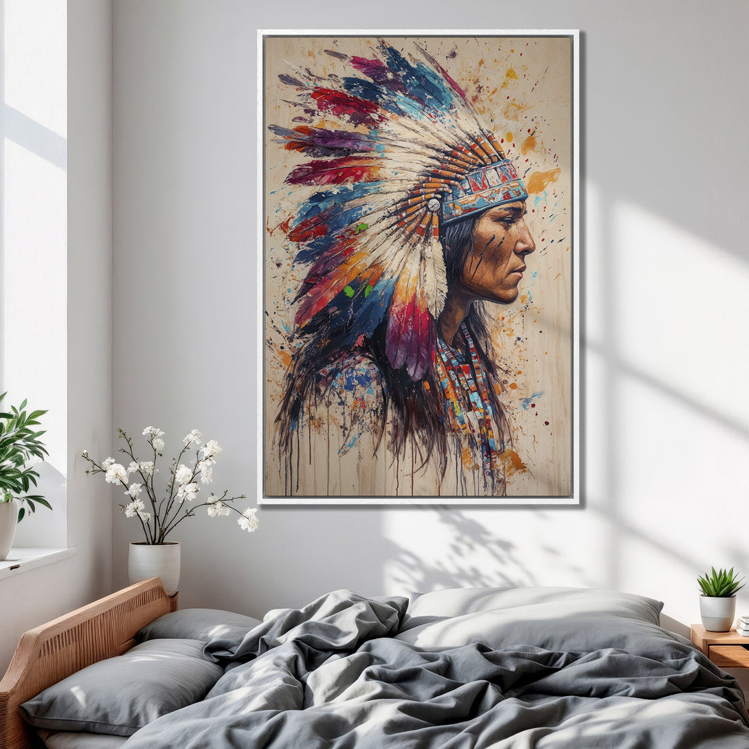 Framed Wall Art: Native American portrait with vibrant colors. Artistic canvas print adds a touch of culture and style to any bedroom decor.