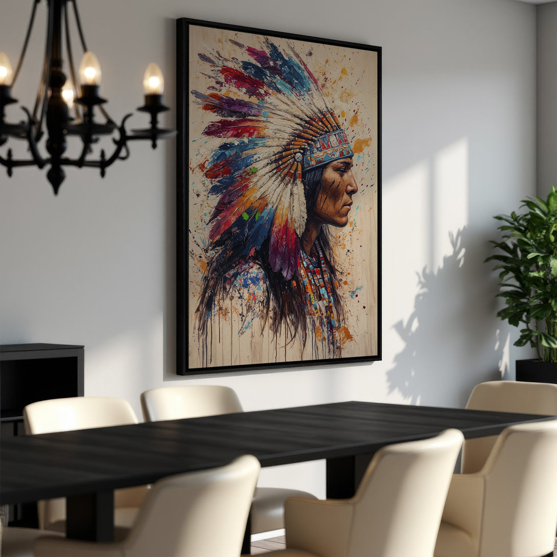Framed Wall Art: Native American portrait with a colorful headdress. Abstract style with a warm, earthy palette. Perfect for adding cultural flair to your dining room!