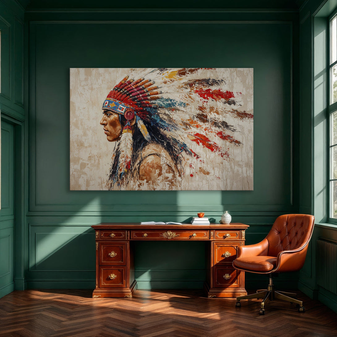 Framed Wall Art: Native American portrait in a modern, textured style. Features a warm, earthy palette with pops of red, blue, and yellow.