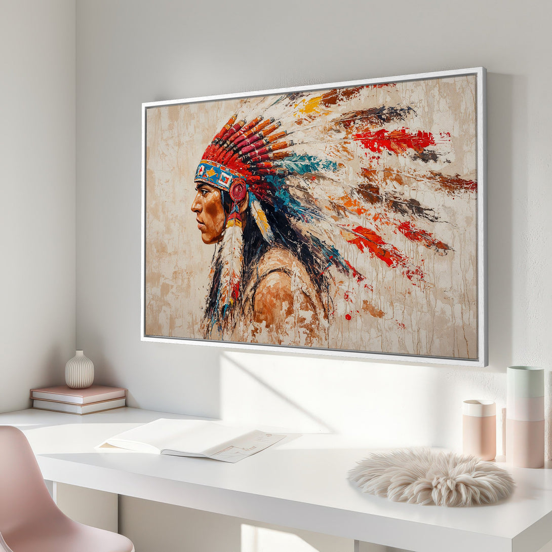 Framed Wall Art: Native American portrait canvas print in a modern interior. Features vibrant colors, a textured style, and a warm color palette.