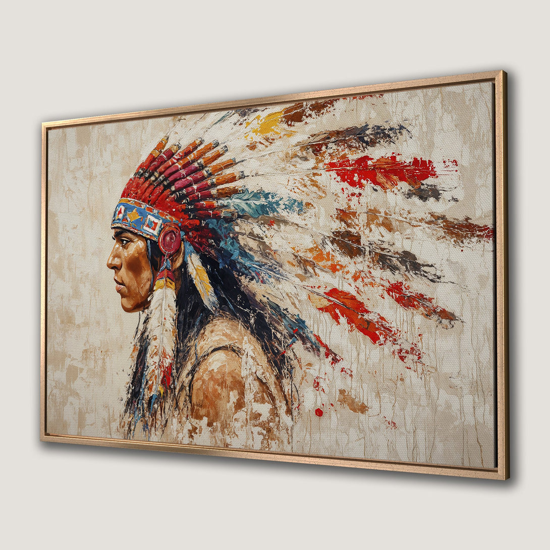 Framed Wall Art: Native American portrait in vibrant colors. Abstract style Canvas Print with red, blue, and earthy tones. Perfect for adding a touch of culture.