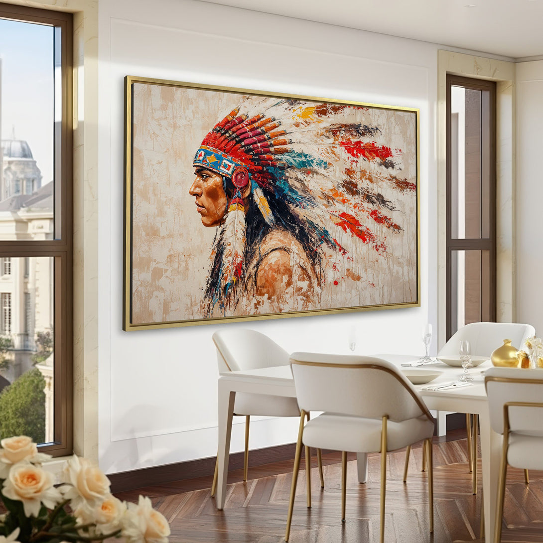 Canvas Print of Native American in vibrant colors. Abstract style art with a warm, earthy palette. Perfect wall decor for any room.