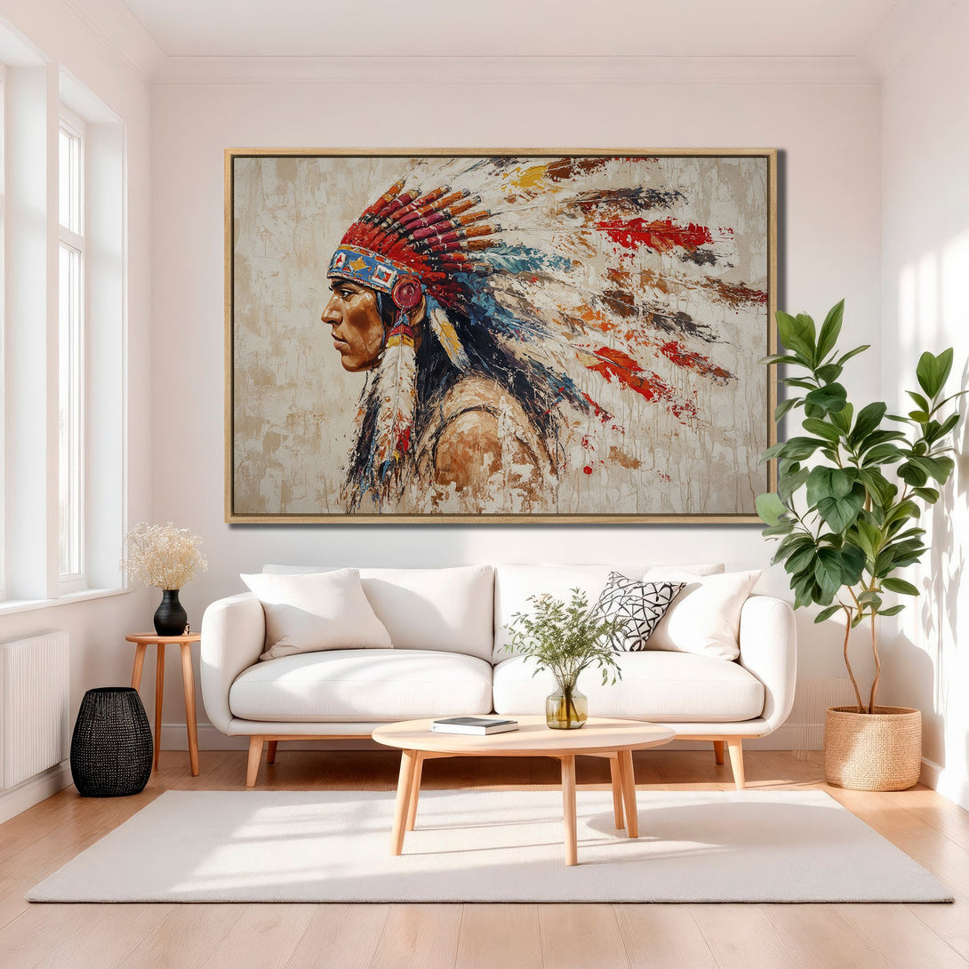 Framed Wall Art: Native American portrait canvas print in warm tones. Abstract style with vibrant reds, blues, and browns. Perfect for living room decor.
