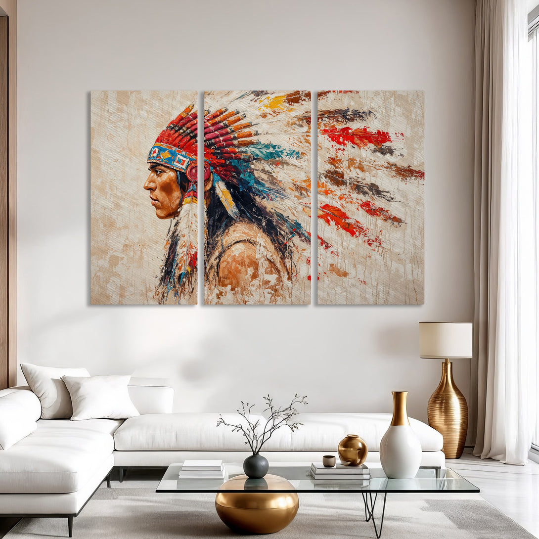 Canvas Print of Native American portrait in a modern, abstract style. Features a warm, earthy color palette with pops of red, blue, and orange.