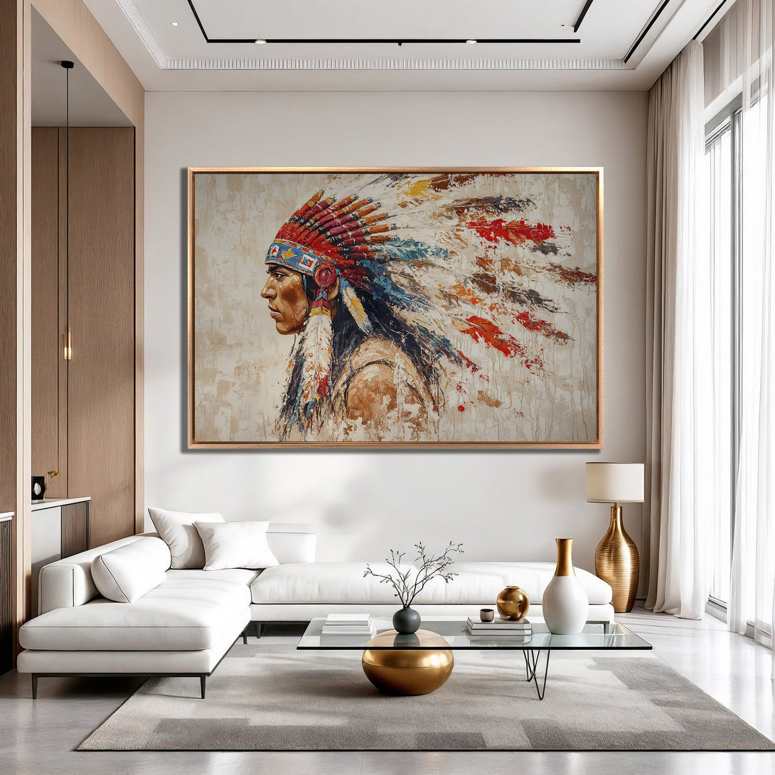 Framed Wall Art featuring a Native American portrait in an expressive, colorful style. Warm, earthy tones with pops of red and blue. Perfect for any space!