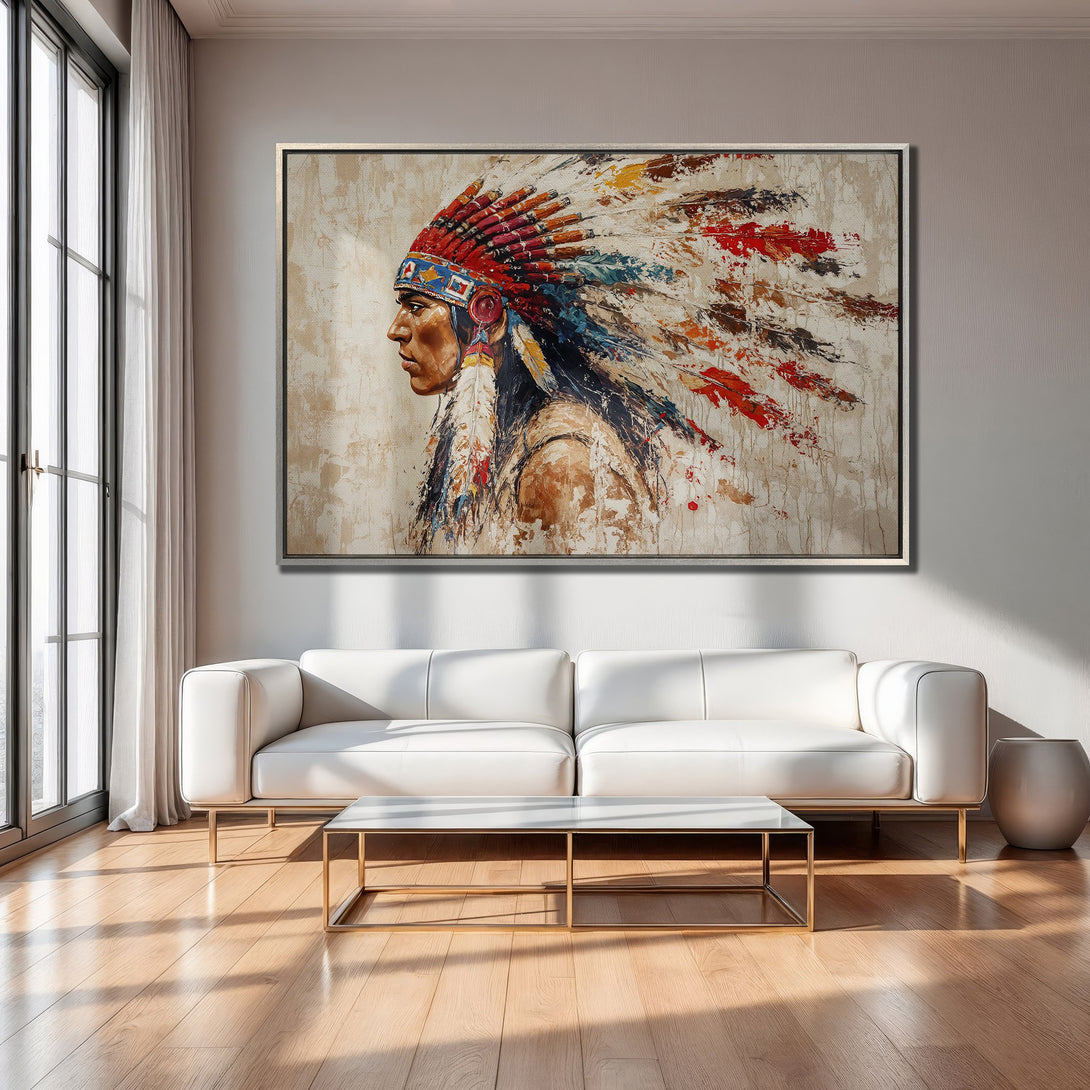 Framed Wall Art of Native American Chief. Colorful abstract painting in a neutral interior. Add a touch of culture to your home.