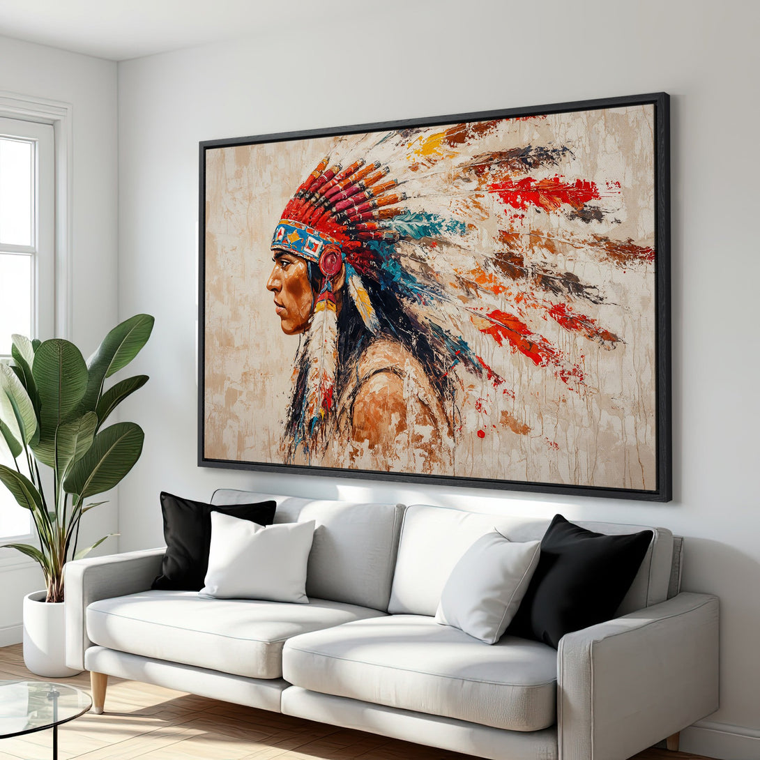Framed Wall Art: Native American portrait in vibrant colors. Abstract style with a warm beige and colorful palette. Perfect for living room decor.