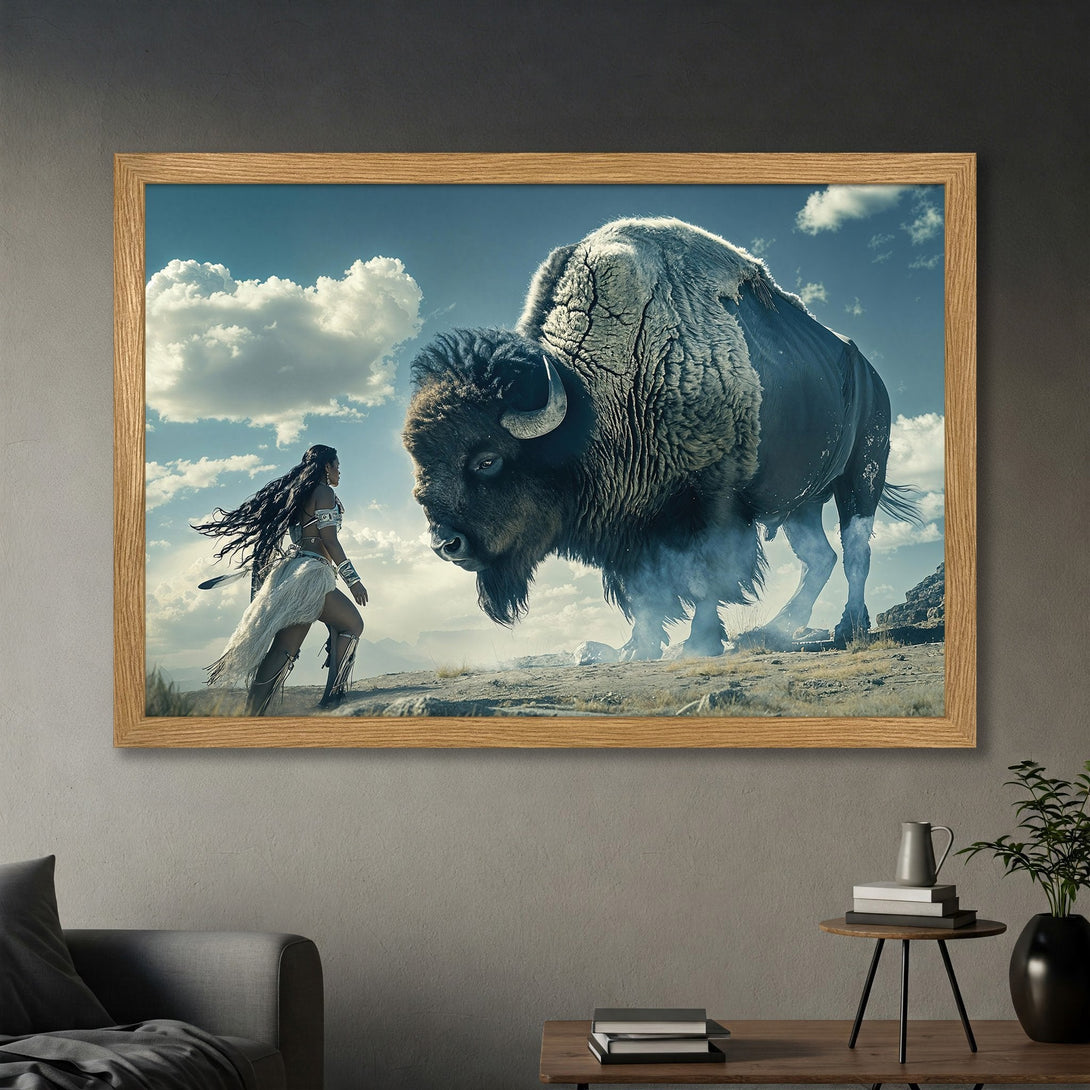 Framed Poster featuring a woman and bison in a dramatic, fantasy style with a blue and earthy color palette. Add this art to your space!
