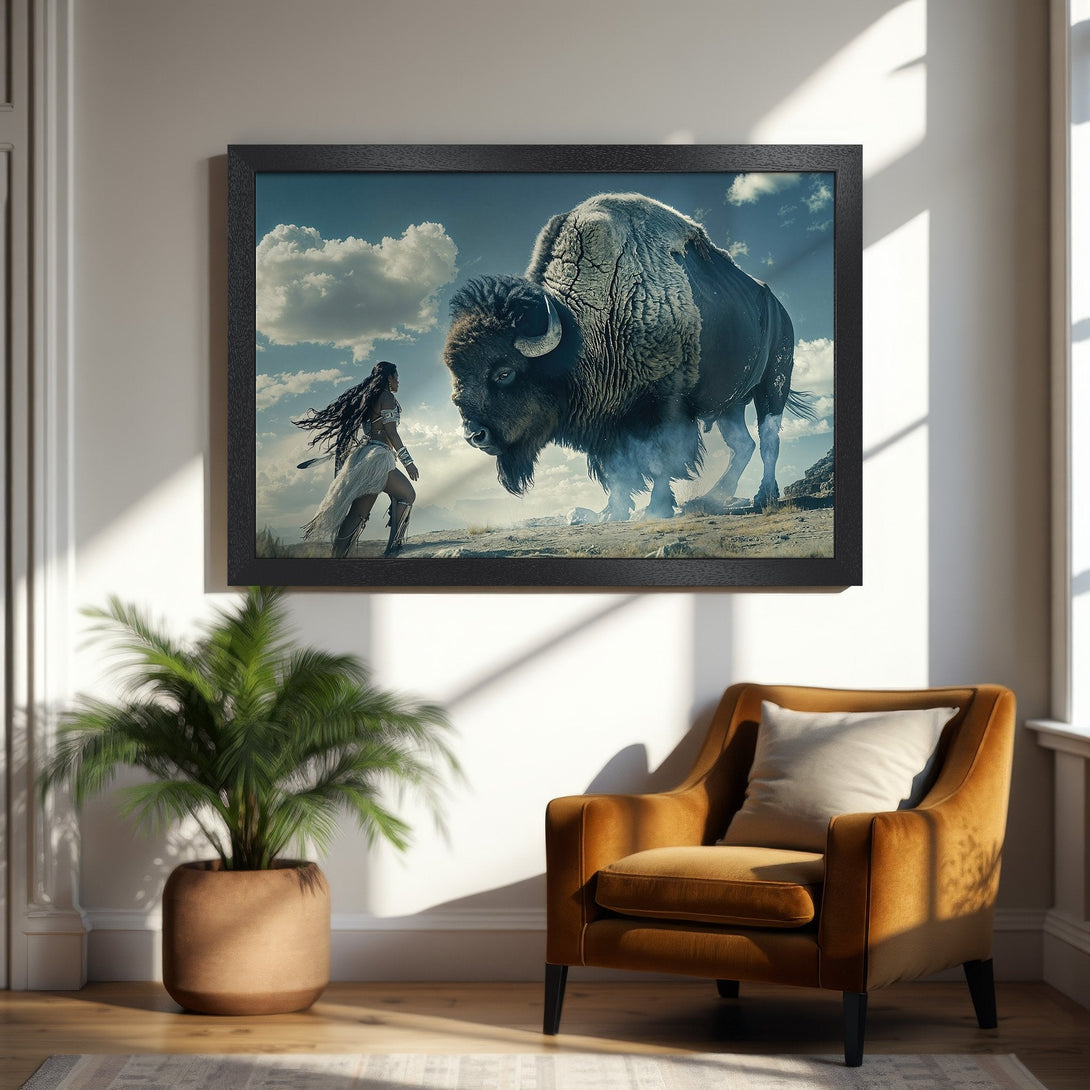Framed Poster featuring a Native American woman and bison, dramatic style, earthy tones and blue sky, perfect wall art.
