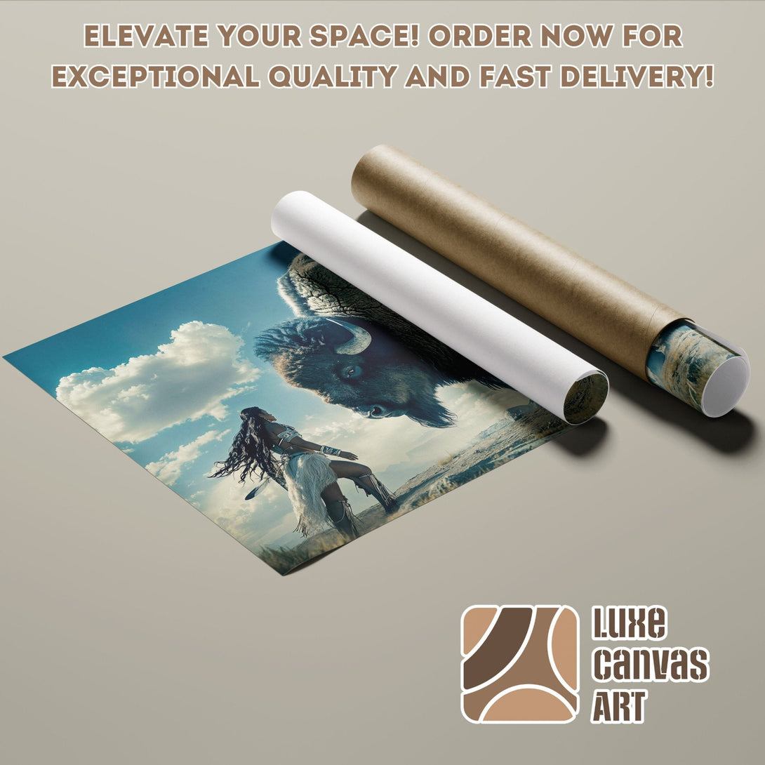 Poster Roll featuring Native American woman and bison, earthy tones, perfect wall art.