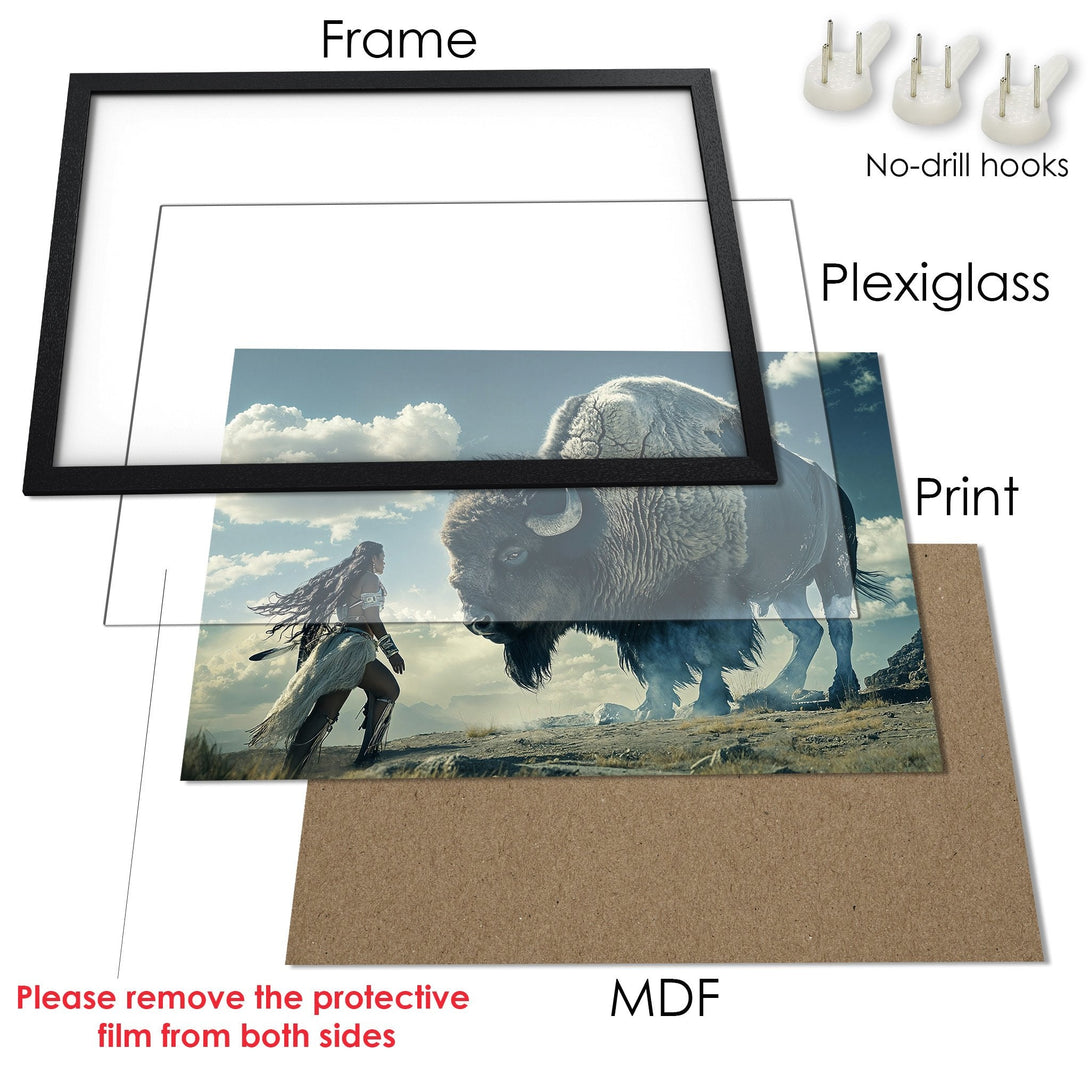 Framed Poster featuring a bison and warrior, in a dramatic style with a cool blue and earthy color palette. Perfect wall art!
