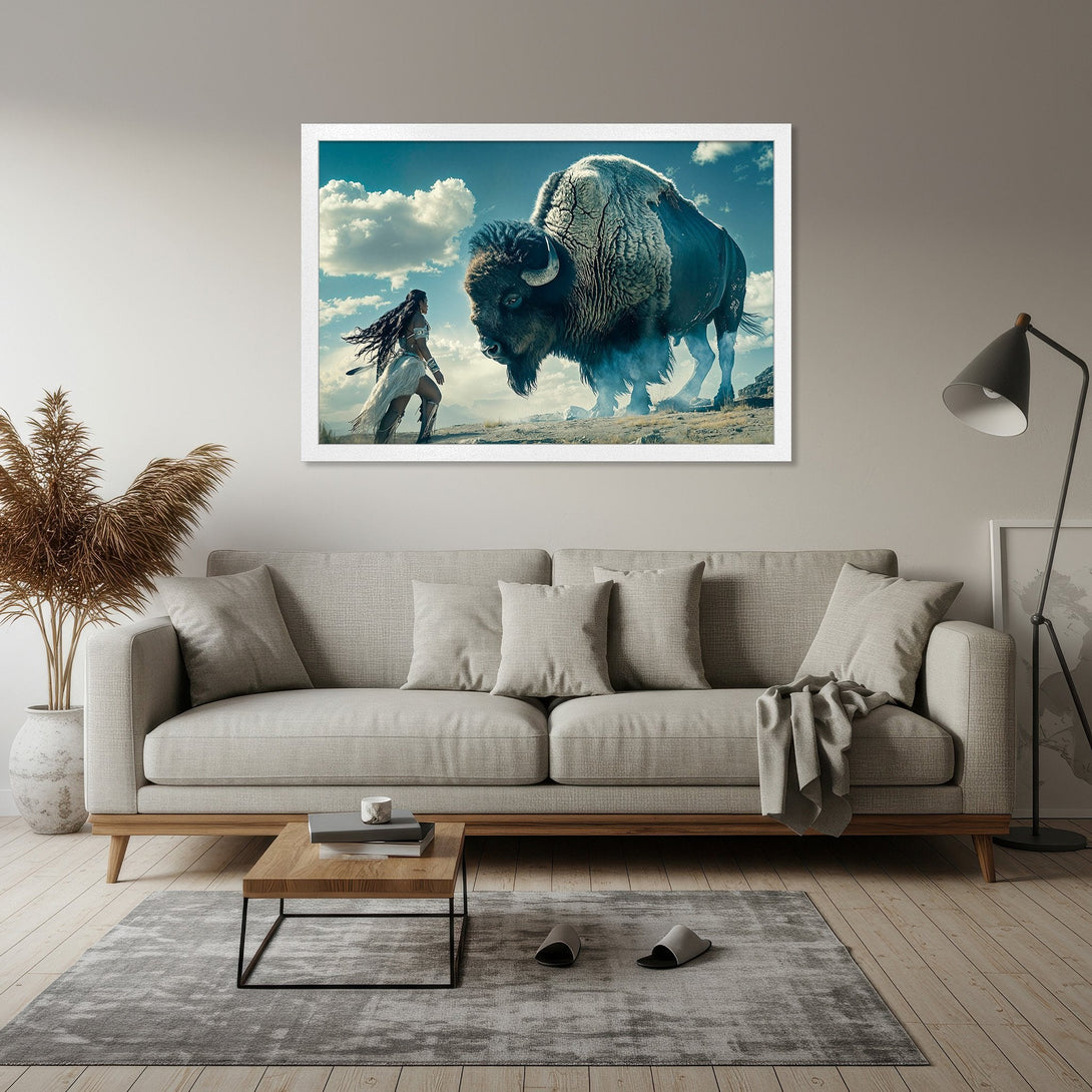 Framed Poster featuring a Native American woman and a bison, in a fantasy style with blue and earth tones. Add a touch of wild to your decor!