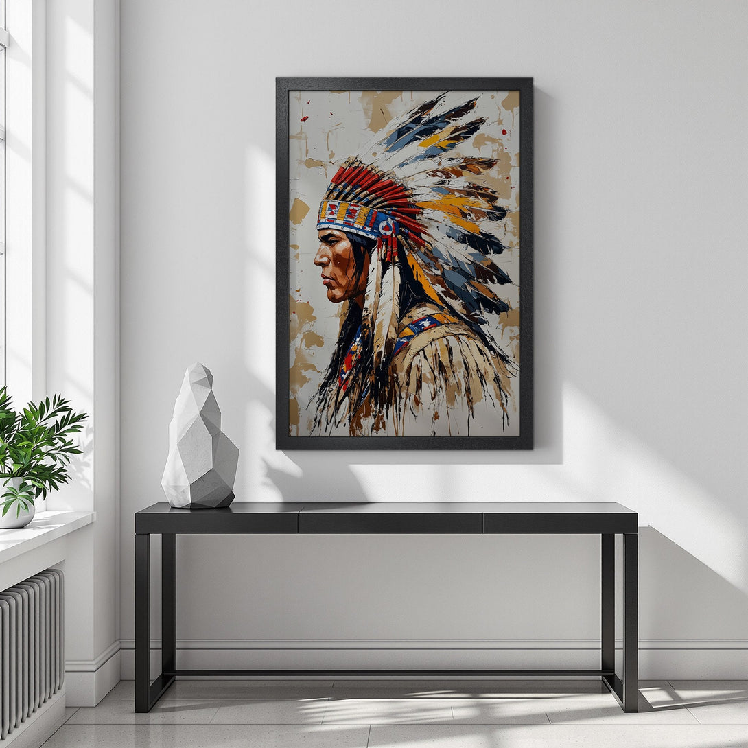 Framed Poster featuring Native American portrait in vibrant colors. Perfect wall art for a stylish home.