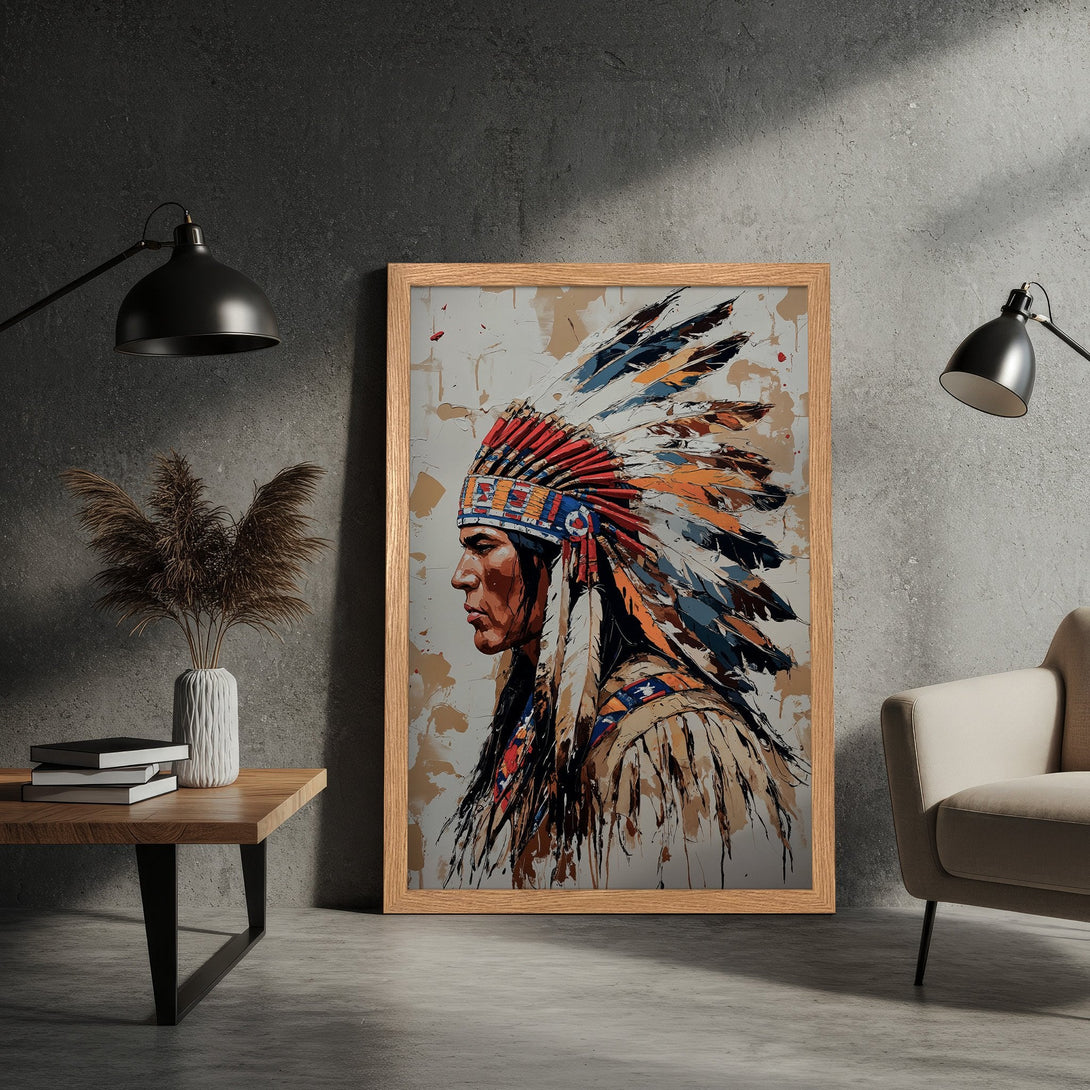 Framed Poster featuring a Native American portrait in a vibrant, artistic style with a warm, earthy color palette. Perfect wall art!