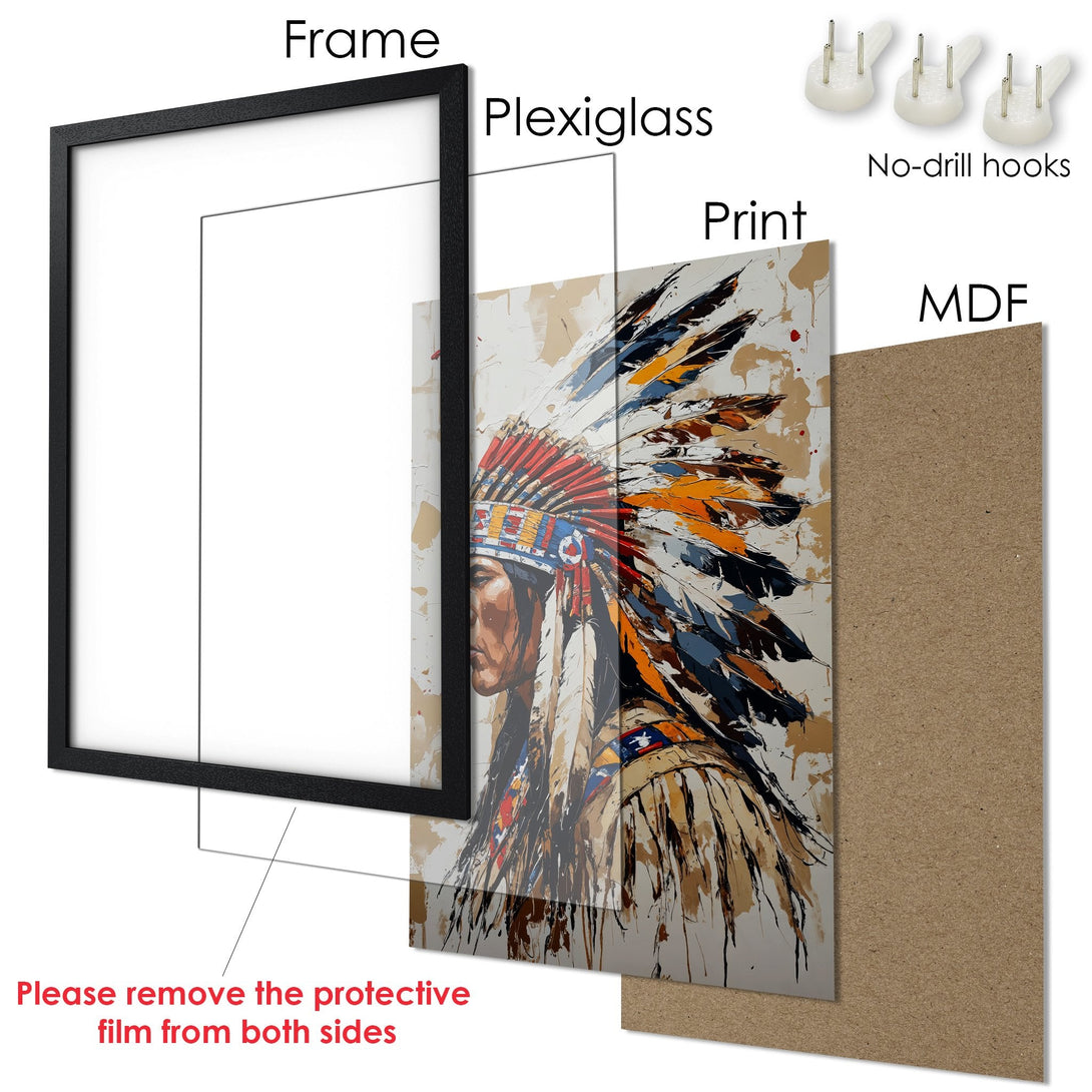 Framed Poster featuring an abstract Native American portrait with a warm, earthy color palette. Perfect wall art for any space.