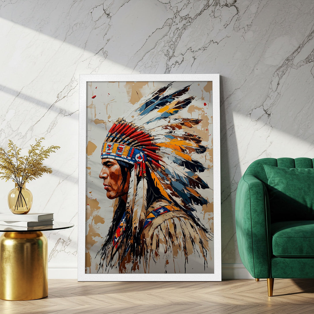 Framed Poster featuring a Native American portrait in an expressive, painterly style with a vibrant, earthy color palette.