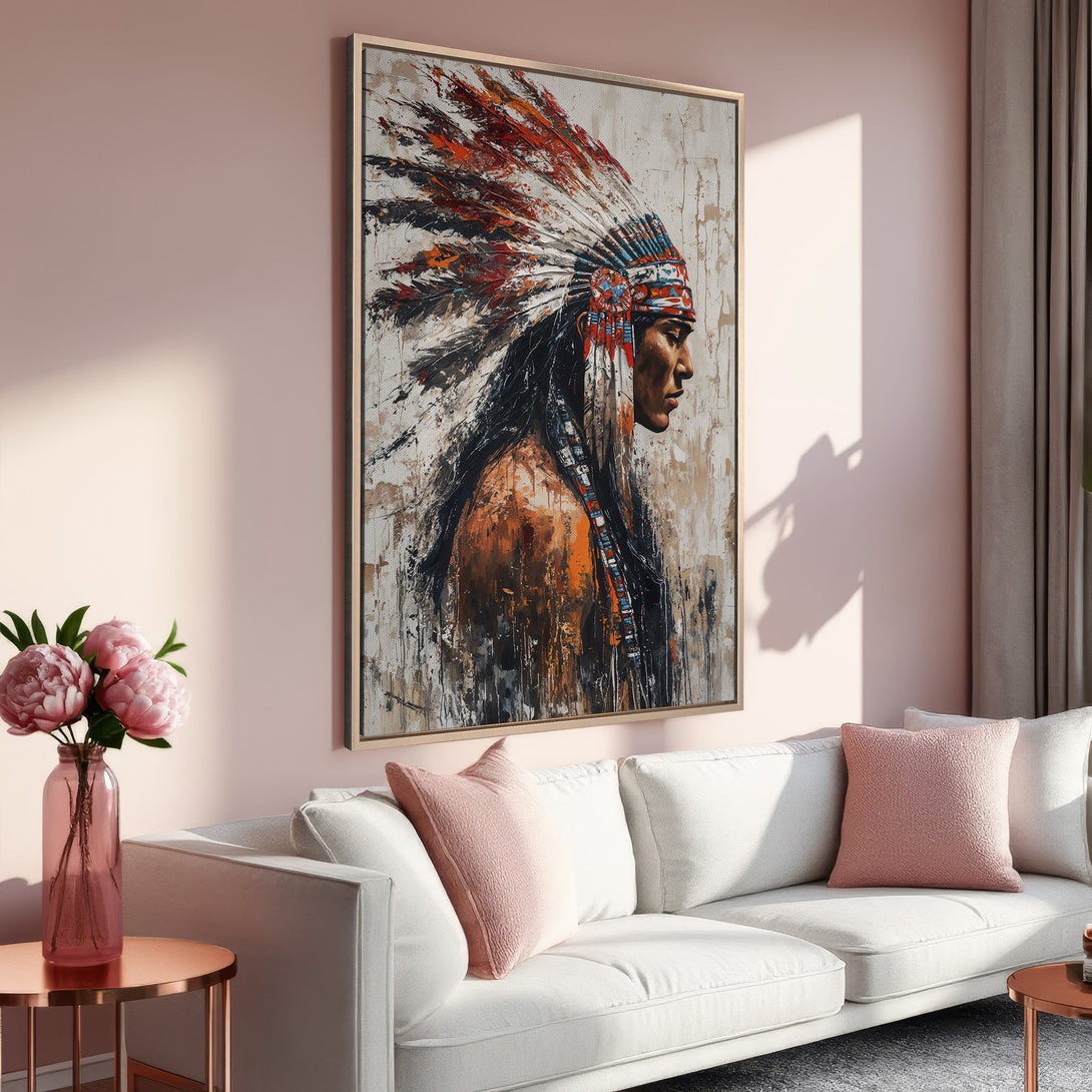 Framed Wall Art: Native American portrait in warm tones. Abstract style Canvas Print with red, orange, and brown hues. Perfect for living room decor.