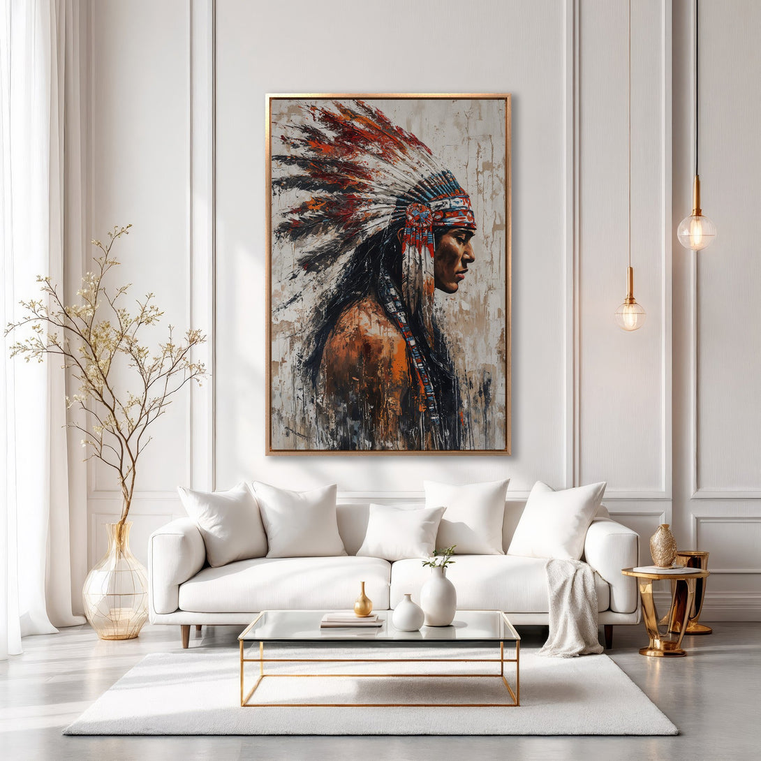 Framed Wall Art: Native American portrait in a modern living room. Abstract style with warm, earthy tones and a gold frame. Elevate your space!
