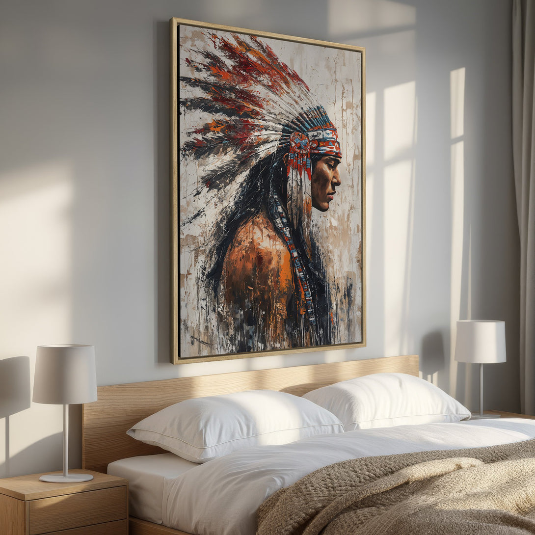 Framed Wall Art: Native American portrait in warm tones. Abstract style canvas print with orange, red, and brown hues. Perfect for bedroom decor.