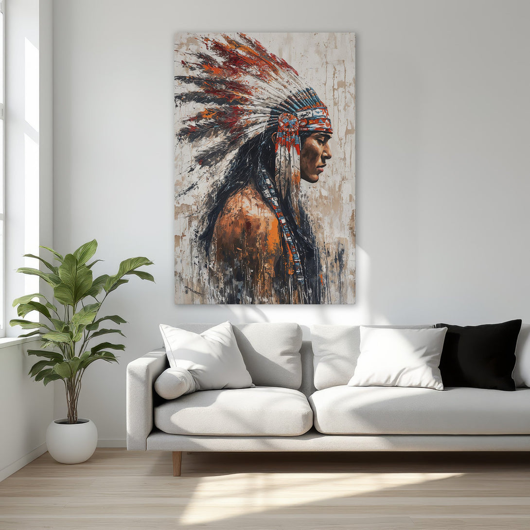 Framed Wall Art featuring a Native American portrait in warm, earthy tones. Elevate your space with this stunning canvas print, perfect for any room!