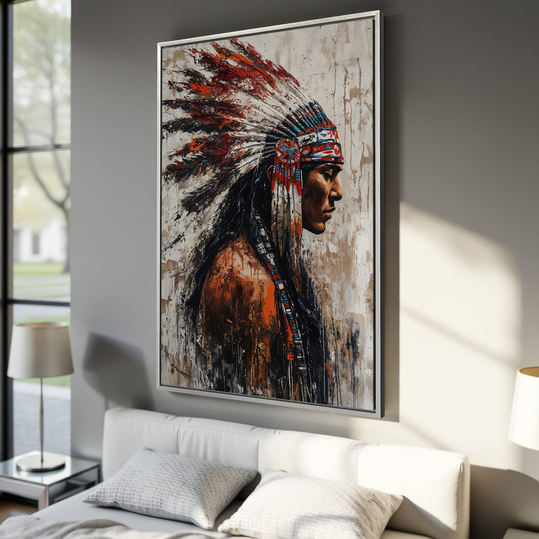 Framed Wall Art: Abstract portrait of a Native American in a vibrant red, orange, and blue color palette. Modern art for your home decor.