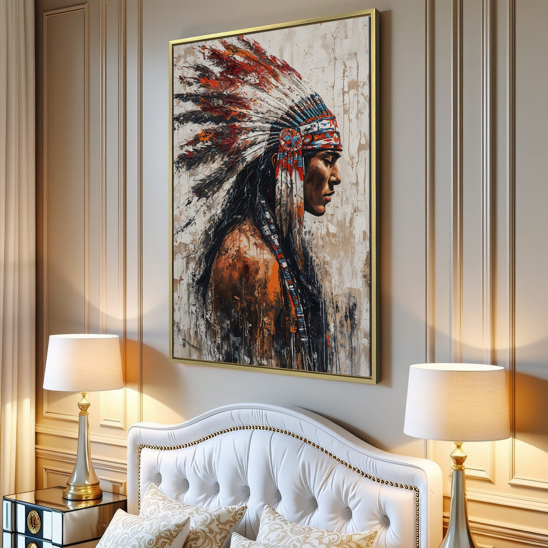 Canvas Print of Native American portrait in warm earth tones, perfect for living room decor. Abstract style with a textured finish.