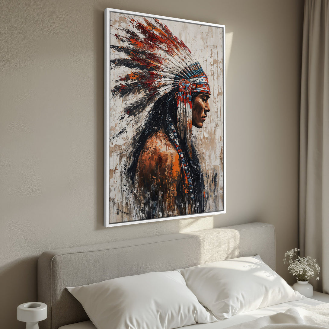 Framed Wall Art: Native American portrait in a modern, abstract style. Earthy tones with pops of red and orange. Perfect for bedroom decor.