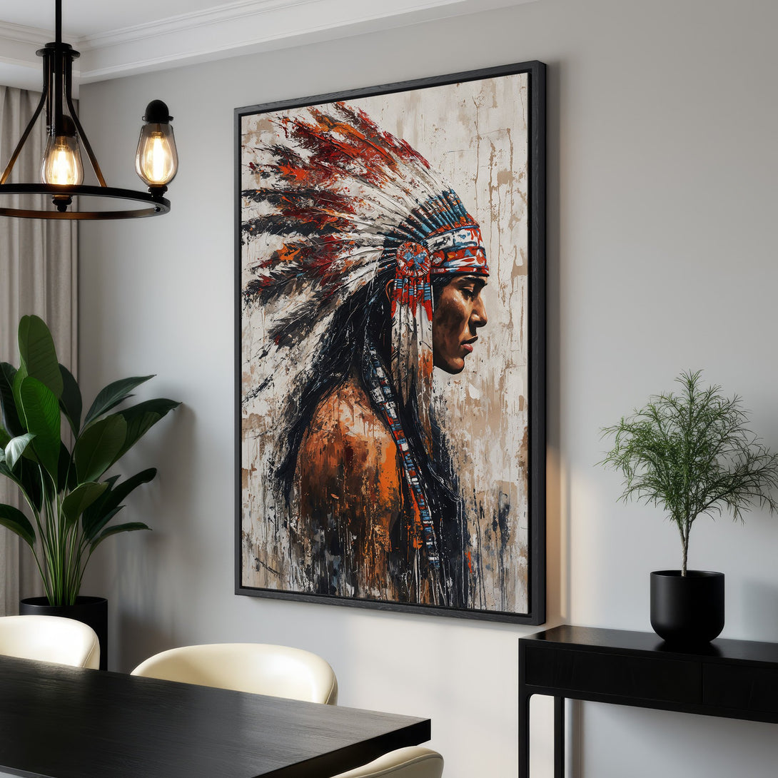 Framed Wall Art: Native American portrait in vibrant reds, oranges, and blues. Abstract style Canvas Print adds a unique touch to any living space.
