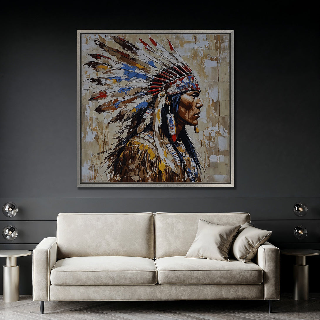 Framed Wall Art: Native American portrait canvas print with warm, earthy tones. Perfect for adding a touch of culture and style to your living room.