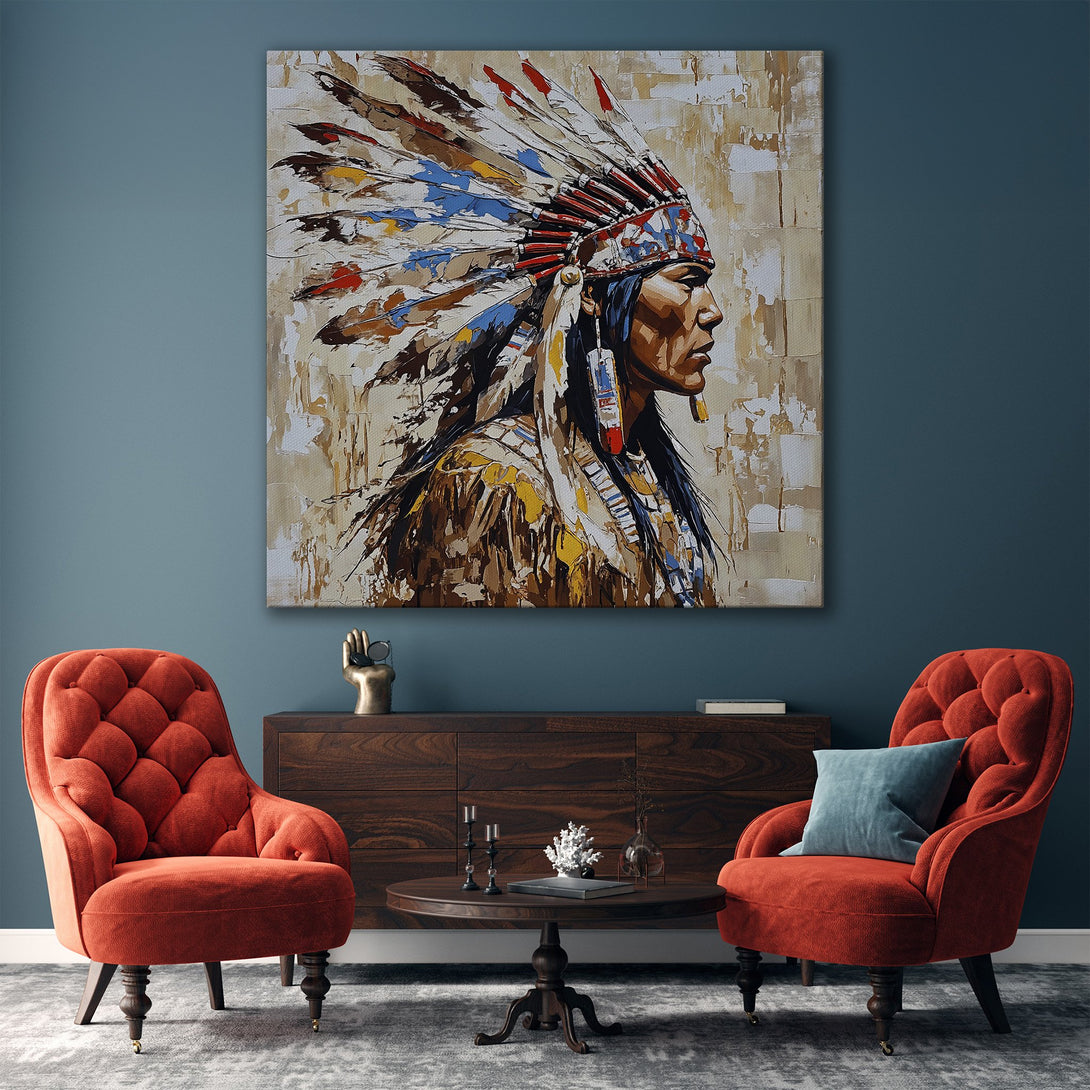 Framed Wall Art: Native American portrait in warm earth tones. Modern art with a touch of history. Perfect for living room decor.