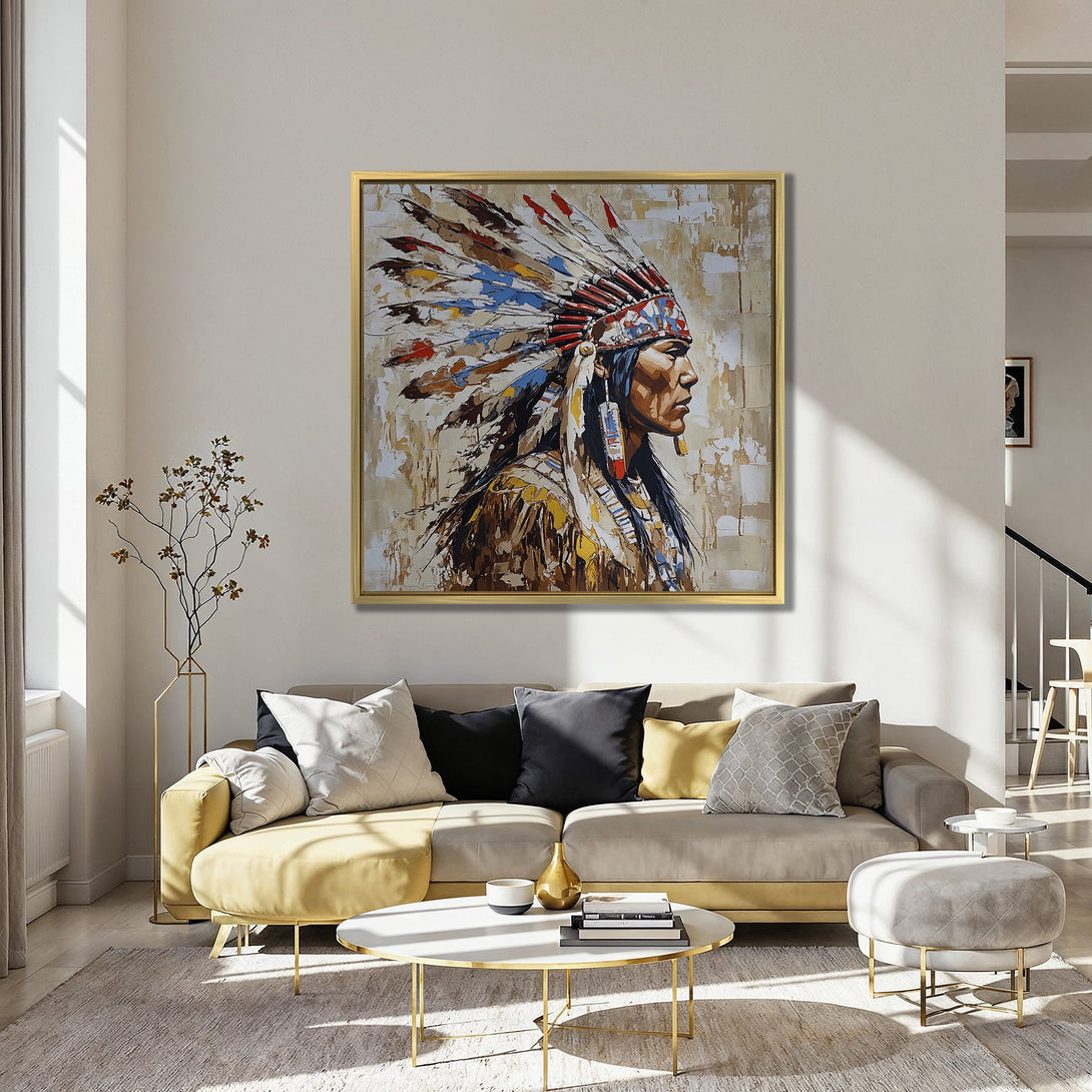 Canvas Print of Native American chief portrait, abstract style, warm earth tones with pops of blue and red, perfect wall decor.