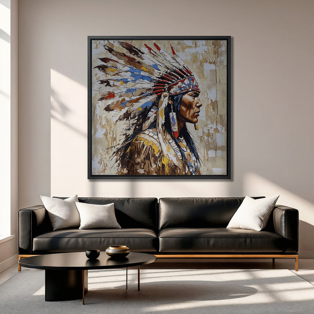 Framed Wall Art: Native American portrait in warm earth tones. Abstract style Canvas Print adds a touch of elegance to any living room. Shop now!
