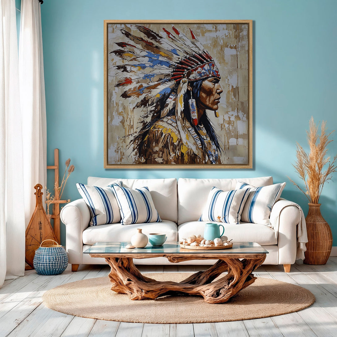 Framed Wall Art: Native American portrait in warm earth tones. Rustic style Canvas Print with a vibrant, colorful headdress. Perfect for living room decor.
