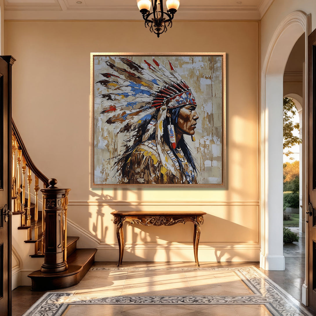 Framed Wall Art: Native American portrait in warm, earthy tones. Abstract style Canvas Print adds a touch of elegance to any interior.