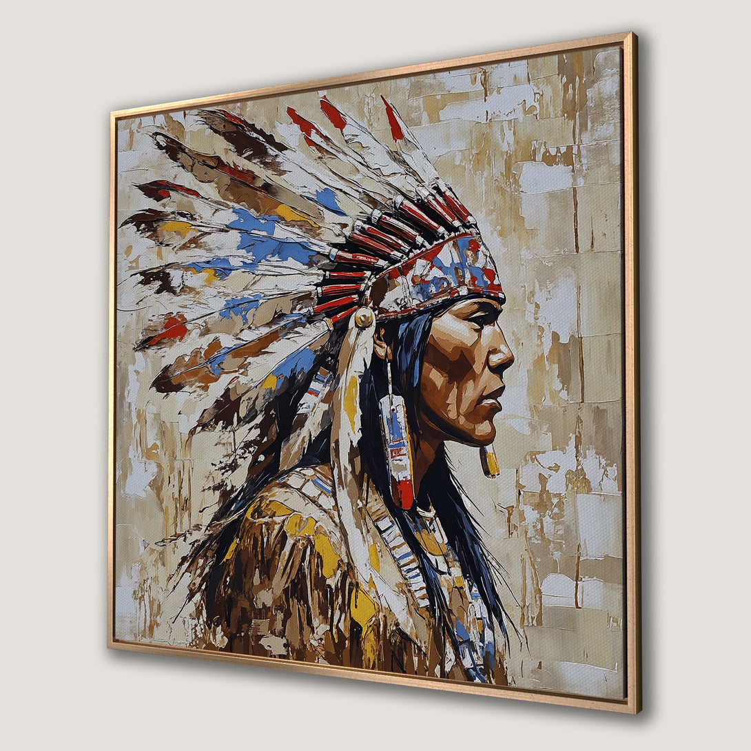 Framed Wall Art: Native American portrait in earthy tones. Textured, impressionistic style Canvas Print with vibrant colors. Add cultural art to your home!