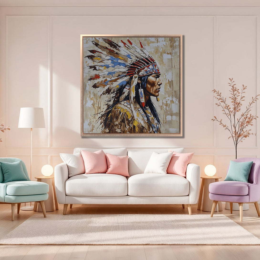 Framed Wall Art featuring a Native American portrait in a warm, neutral color palette. Perfect for adding a touch of cultural elegance to your home decor.