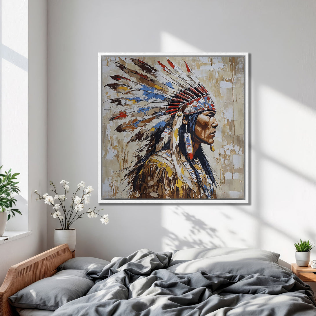 Framed Wall Art: Native American portrait in warm earth tones. Abstract style canvas print adds a touch of history and elegance to any room.