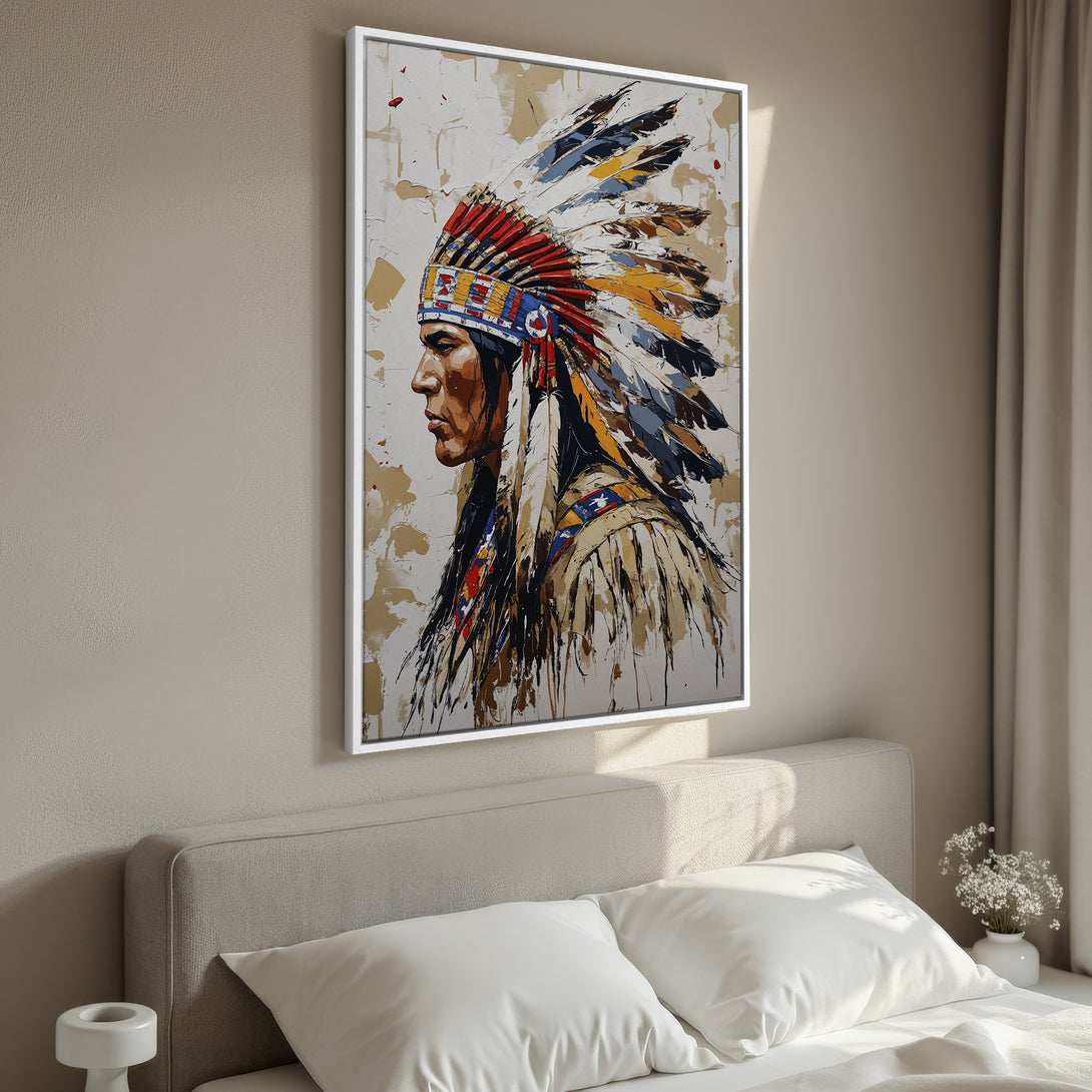 Framed Wall Art: Native American portrait canvas print with vibrant colors. Perfect for adding a touch of culture and style to your bedroom decor.
