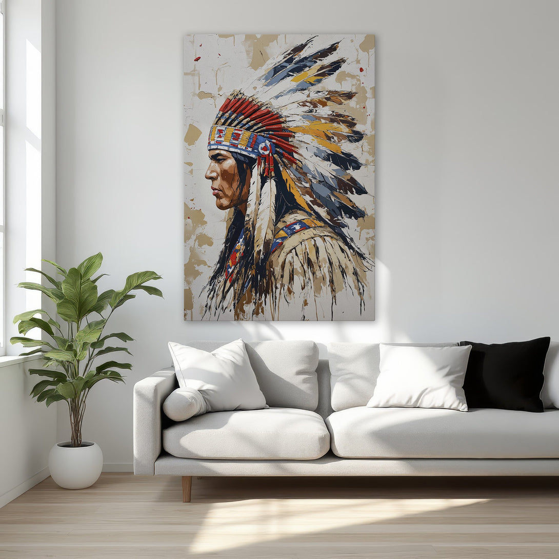 Framed Wall Art: Native American portrait in warm tones. Stylish canvas print adds a focal point to any room. Perfect for modern decor.