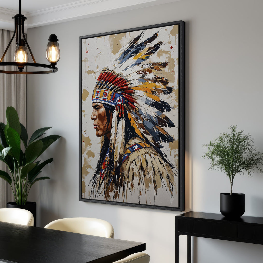 Framed Wall Art: Native American portrait Canvas Print in neutral tones. Modern art piece with a striking color palette of red, blue, and gold. Perfect wall decor.
