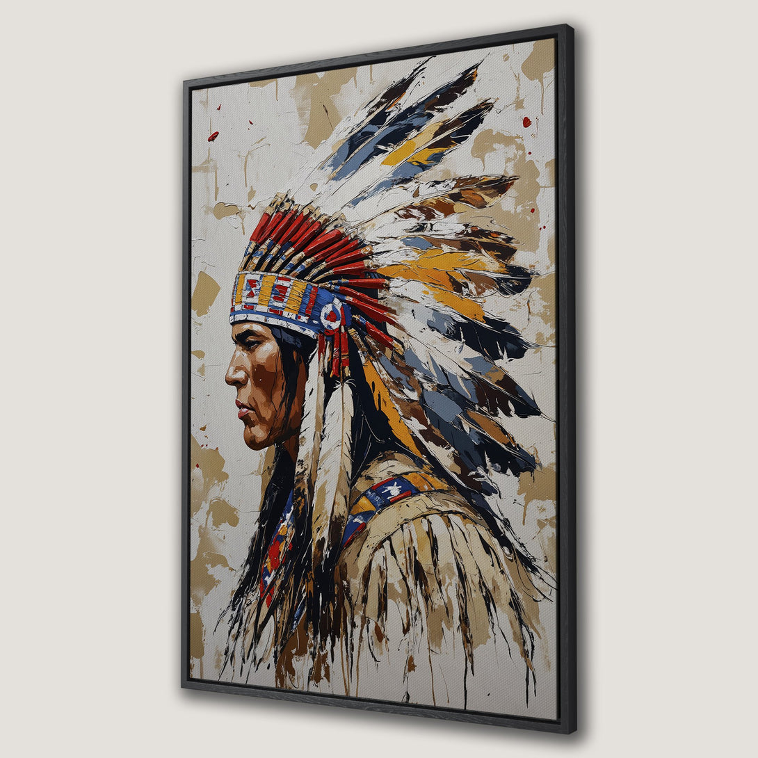 Framed Wall Art featuring a Native American chief in profile, painted in a textured, abstract style with a warm, earthy color palette. Perfect for home decor.