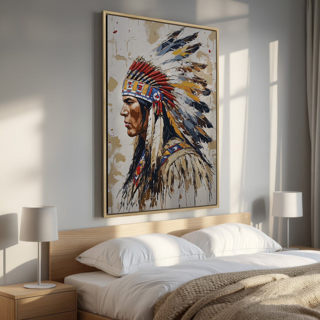Framed Wall Art: Native American portrait in a bedroom. Abstract style with a warm, earthy color palette. Perfect for adding a touch of culture to your space.