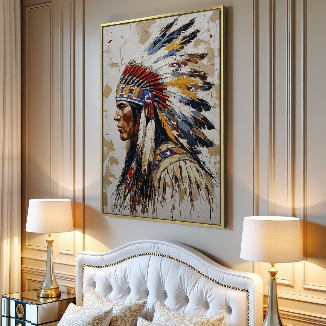 Canvas Print of Native American portrait in a modern, abstract style with a warm, earthy color palette. Perfect wall art for any room!