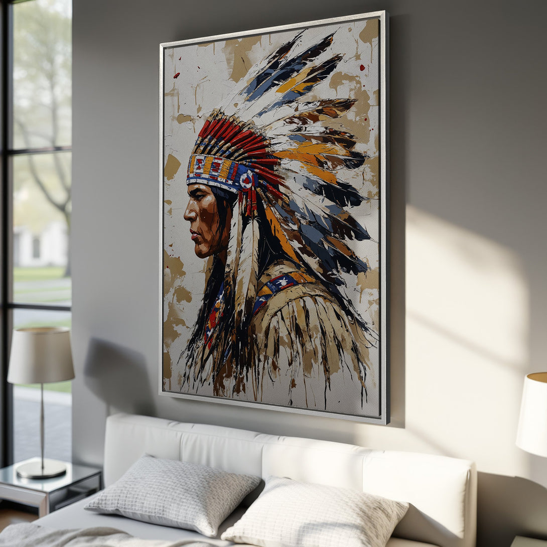 Framed Wall Art: Native American portrait in a modern, painterly style. Features a vibrant color palette of red, blue, and gold. Perfect for home decor.